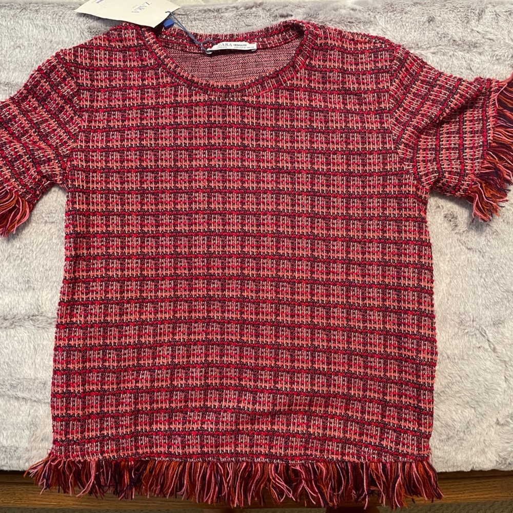 Zara pink tweed top with fringe NWT size M